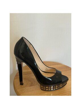 Boutique 9 Black Patent Jeweled Platform Peep-Toe Pumps Size 7